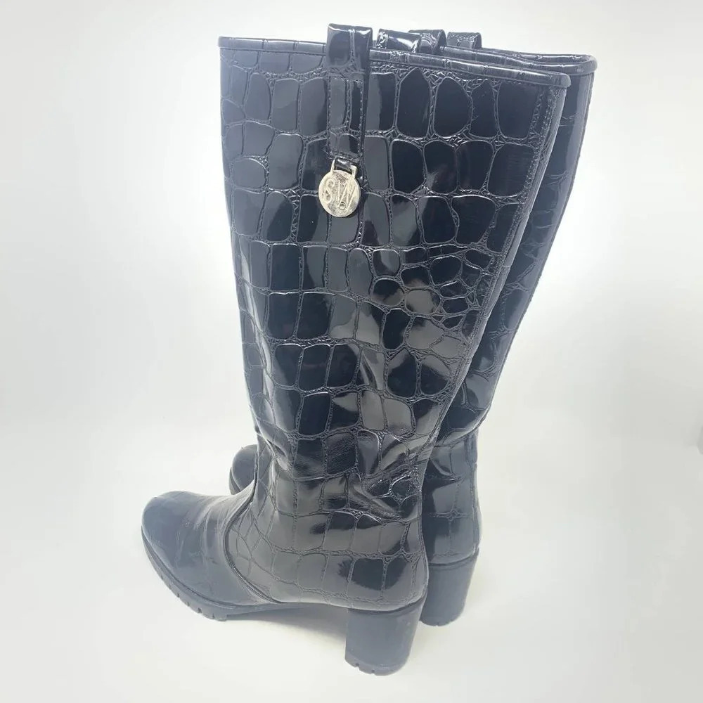 Stuart Weitzman Black Croc Leather Heeled Boots Size US 6 - Picture 8 of 10
